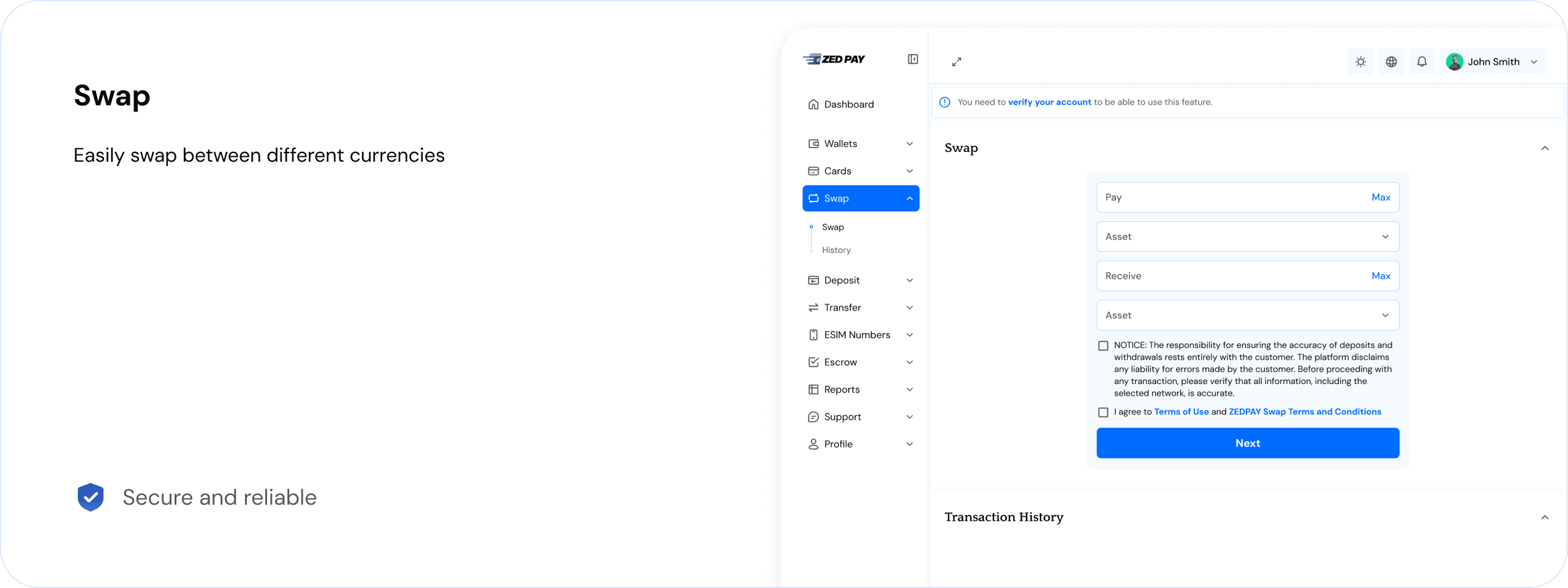 Desktop Dashboard UI demo: swap / convert money