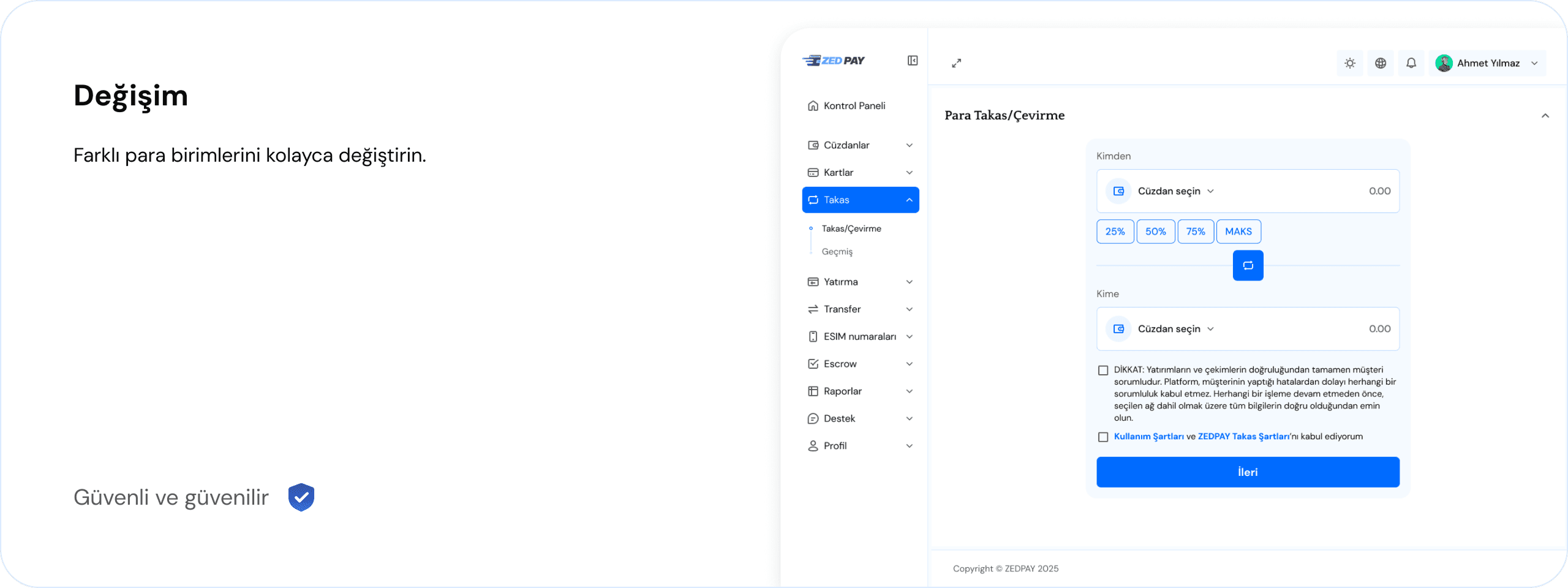 Desktop Dashboard UI demo: swap / convert money