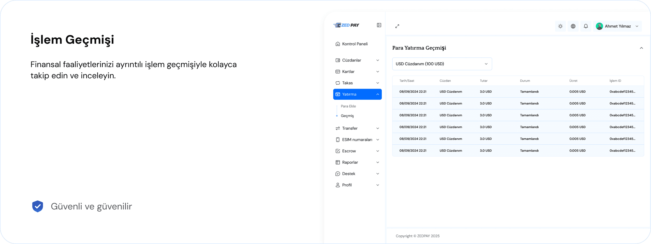 Desktop Dashboard UI demo: Transactions history